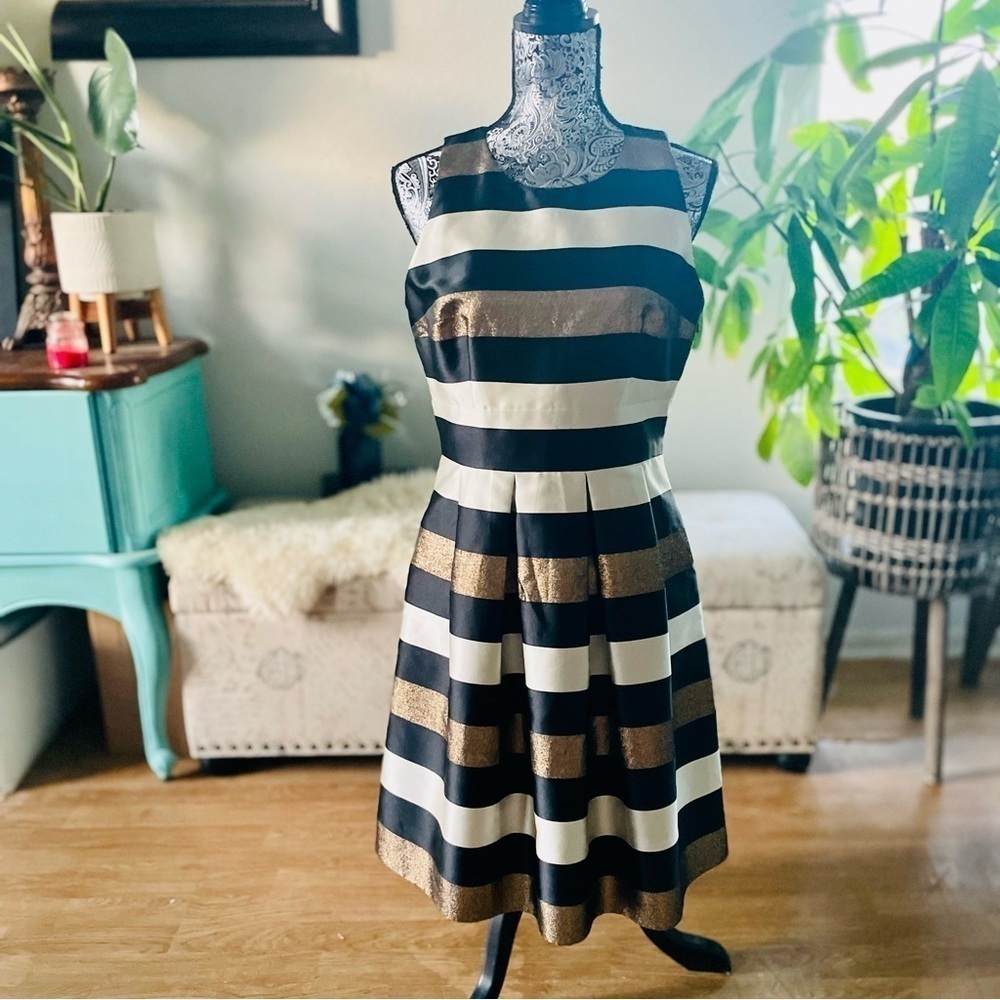 Saks Fifth Avenue Red Label Striped Metallic Pleated A-Line Cocktail Dress, 10 - Picture 6 of 11